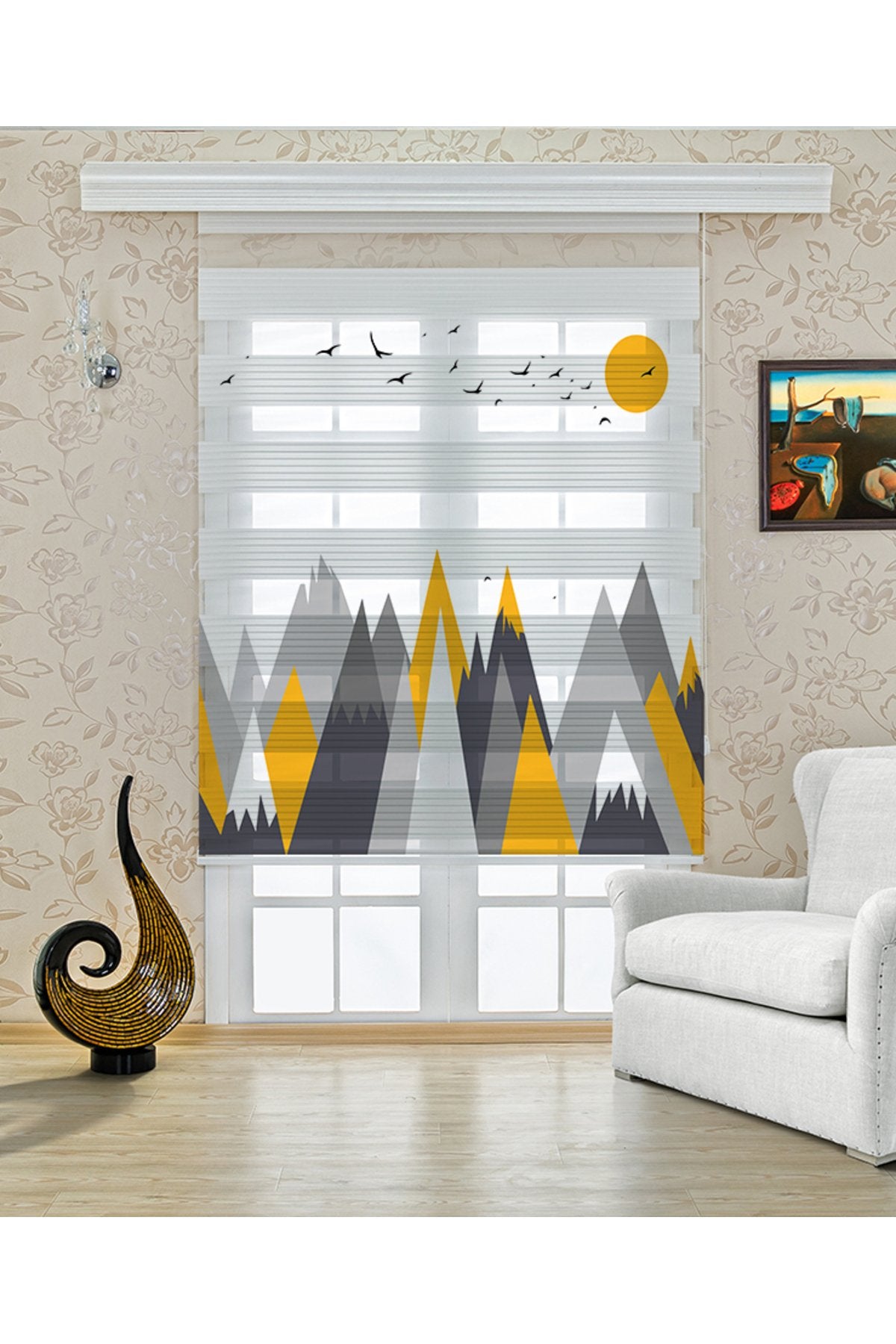 Çocuk odası- Sarı Gri Dağlar ve Güneş Desenli Zebra Perde - YZN-401