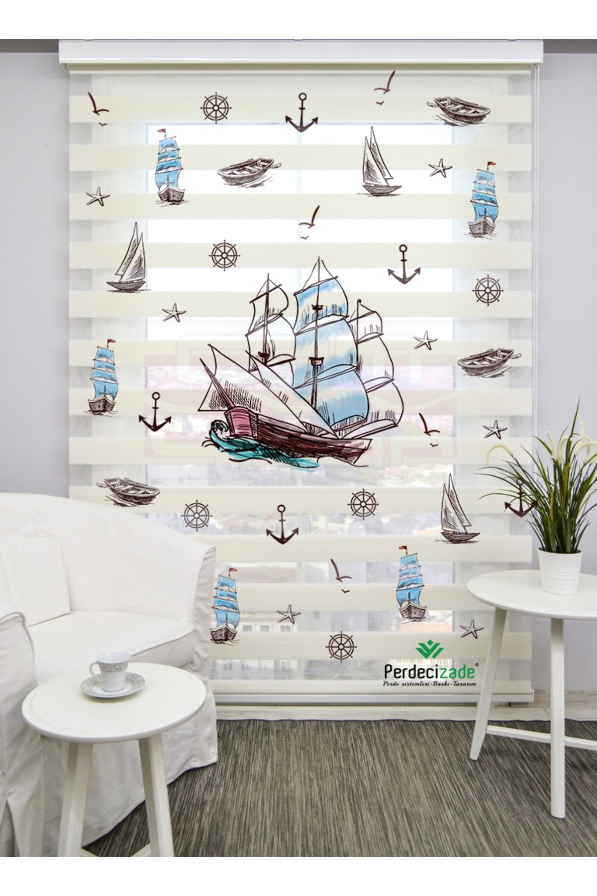 Çocuk odası- Yelkenli Gemi ve Denizci Motifli Zebra Perde - YZN-515