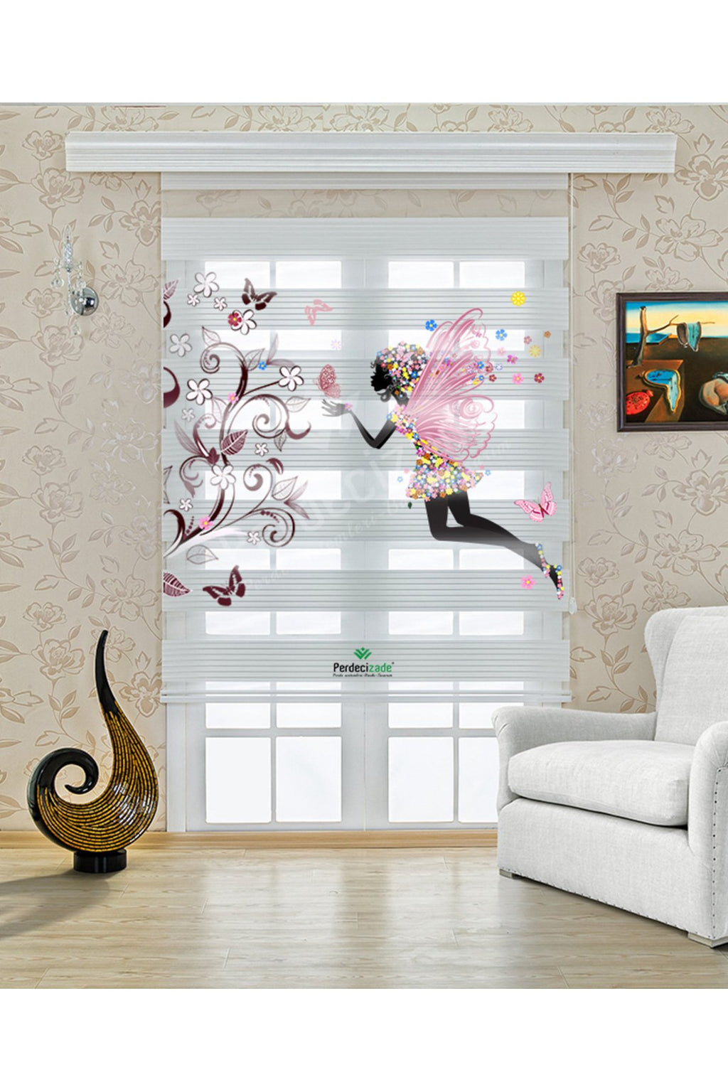 Çocuk odası - Pembe Peri ve Kelebek Desenli Zebra Perde - YZN-702