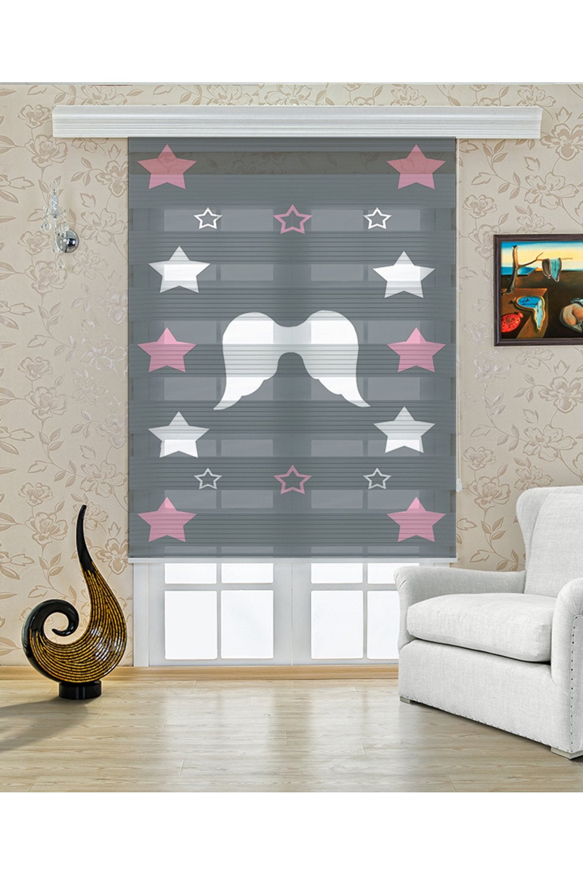 Çocuk odası – Gri Yıldızlı Moustache Zebra Perde – YZN-332