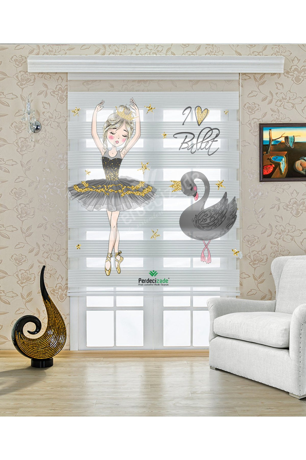 Çocuk odası - Balerin Kız ve Kuğu Desenli Zebra Perde - YZN-705