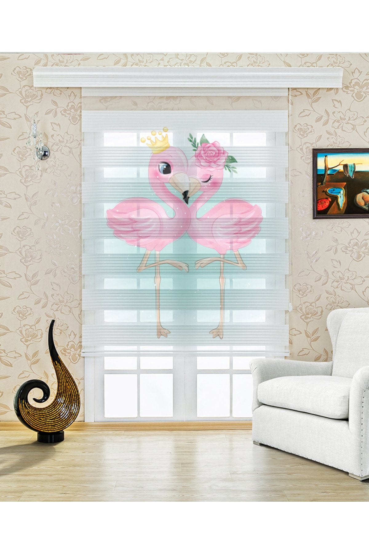 Çocuk odası Kuğu – Taclı Pembe Kuğu Desenli Zebra Perde – YZN-369