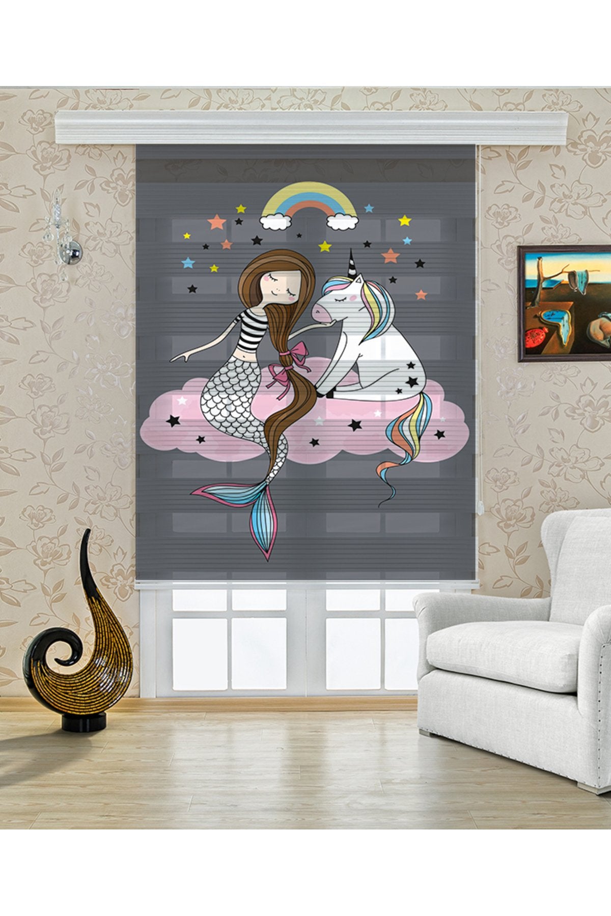 Çocuk odası Unicorn – Gri Zemin Üzerinde Kız ve Unicorn Zebra Perde – YZN-322