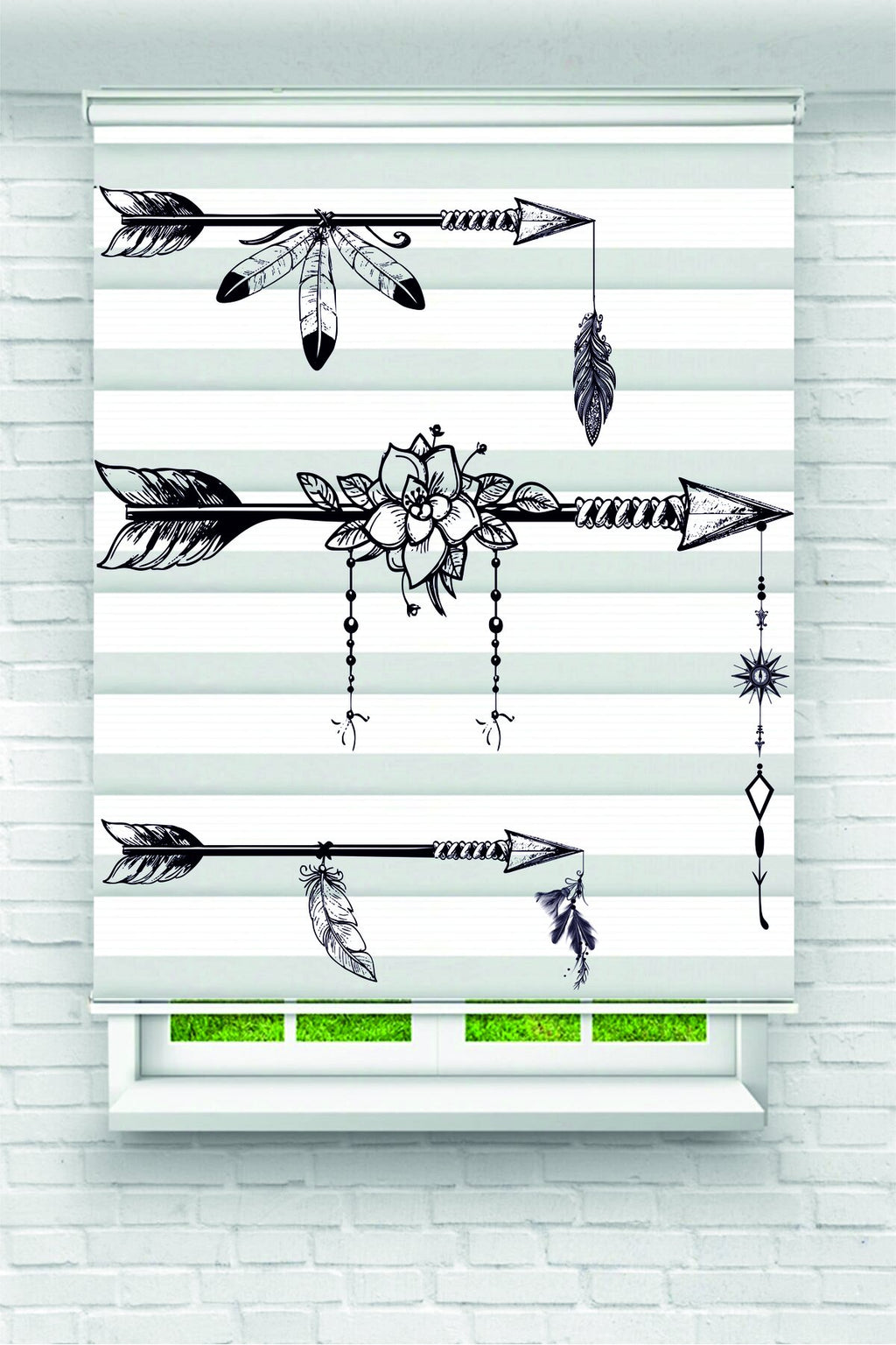 Ok ve Tüy Desenli Boho Chic Zebra Perde – YZN-1202