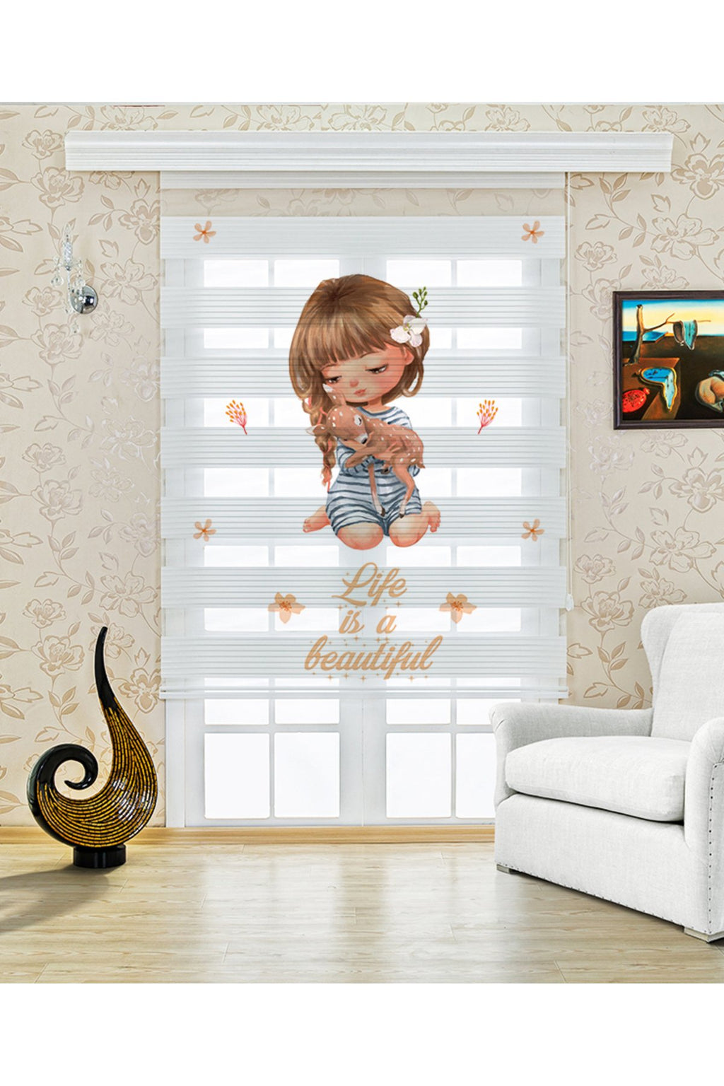 Çocuk odası – Sevimli Kız ve Kelebek Desenli Zebra Perde – YZN-343