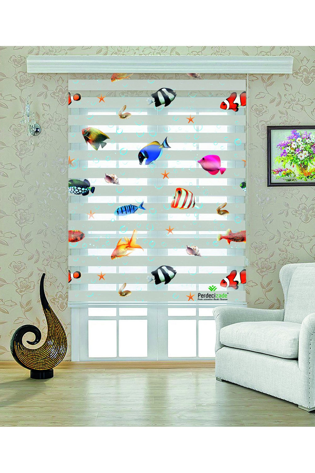Çocuk odası- Renkli Balıklar ve Denizaltılar Desenli Zebra Perde - YZN-503