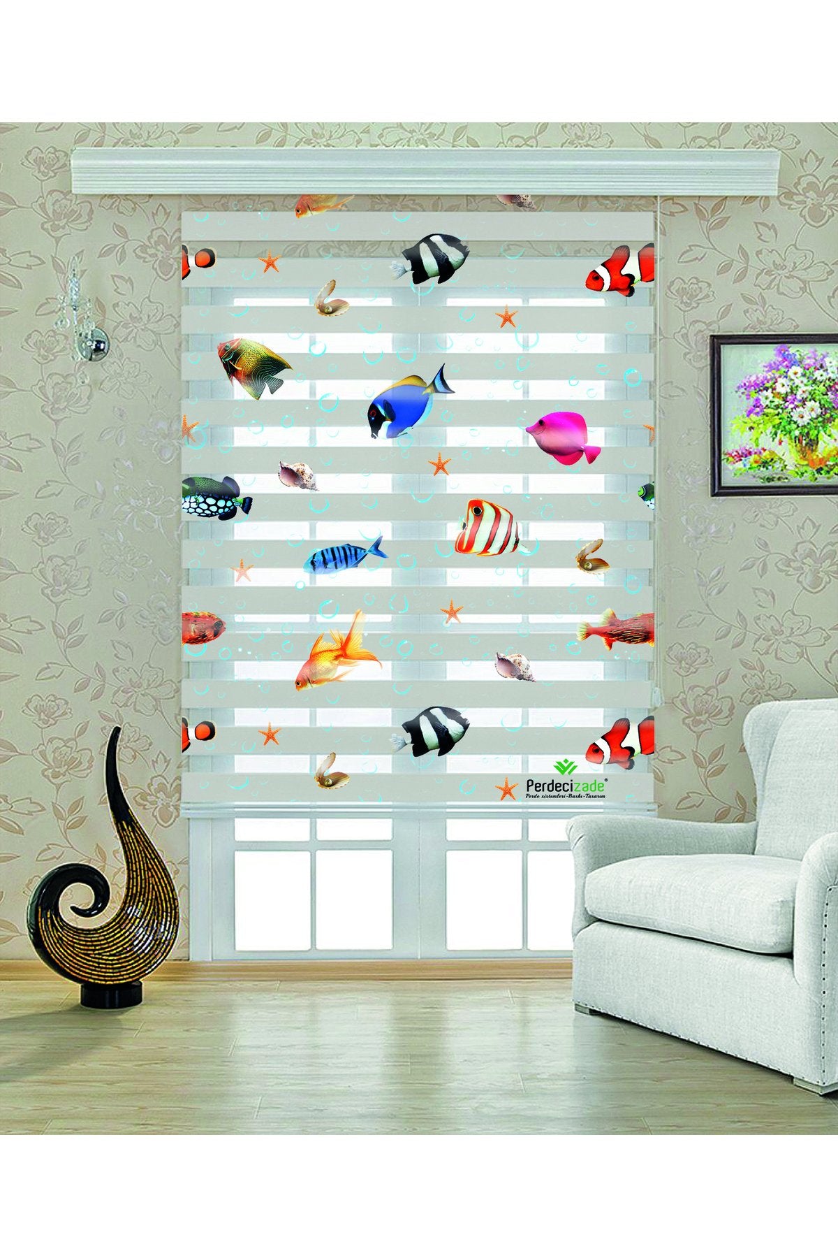 Çocuk odası- Renkli Balıklar ve Denizaltılar Desenli Zebra Perde - YZN-503