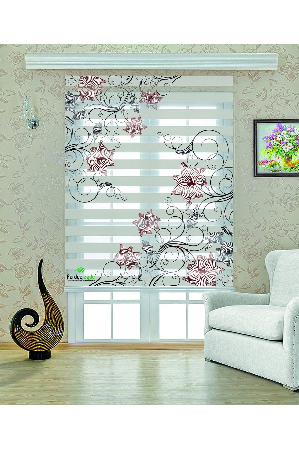 Gül Desenli Gri Dalgalarla Bezenmiş Zebra Perde – YZN-511