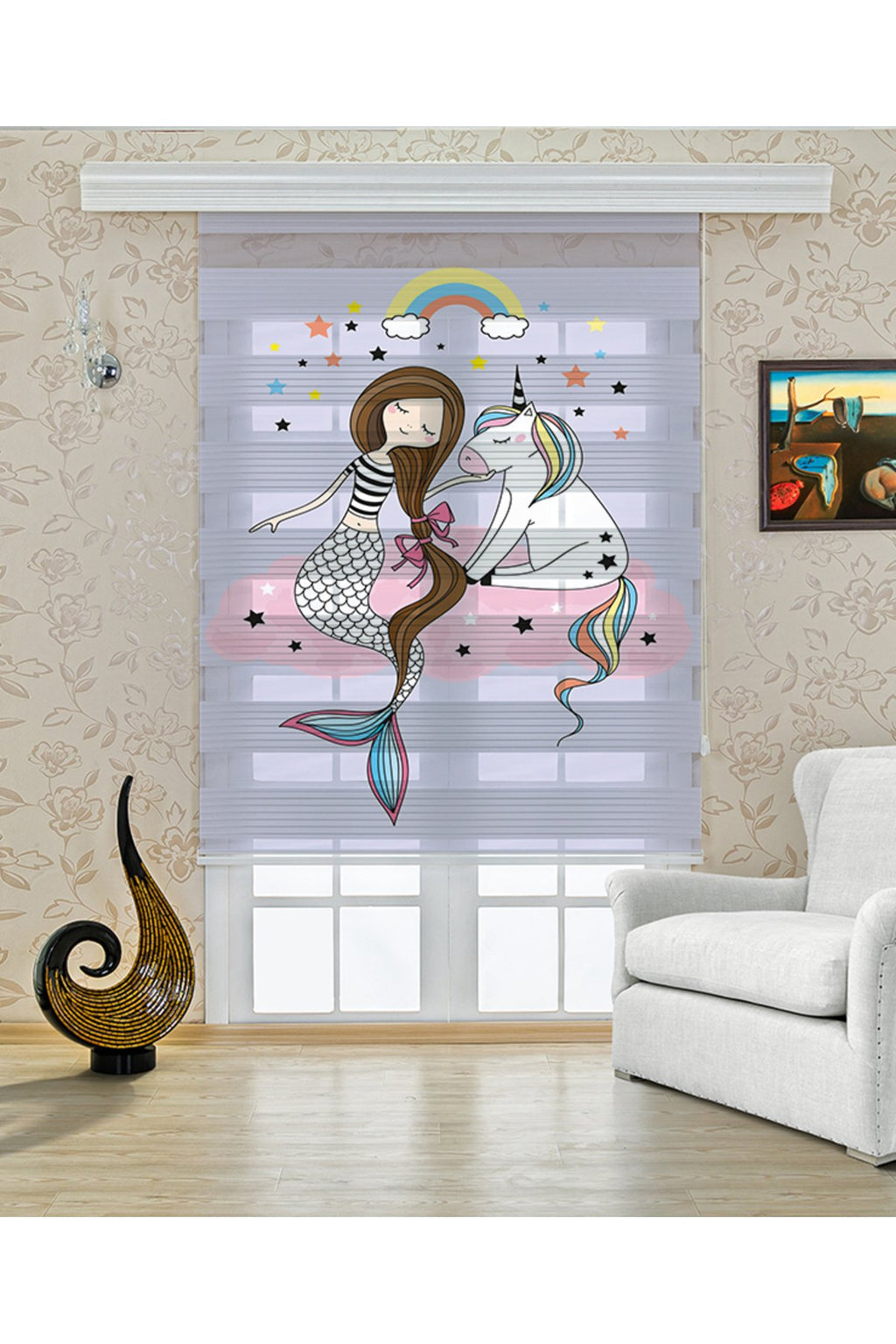 Çocuk odası Unicorn – Pastel Renkli Unicorn ve Kız Figürlü Zebra Perde – YZN-323