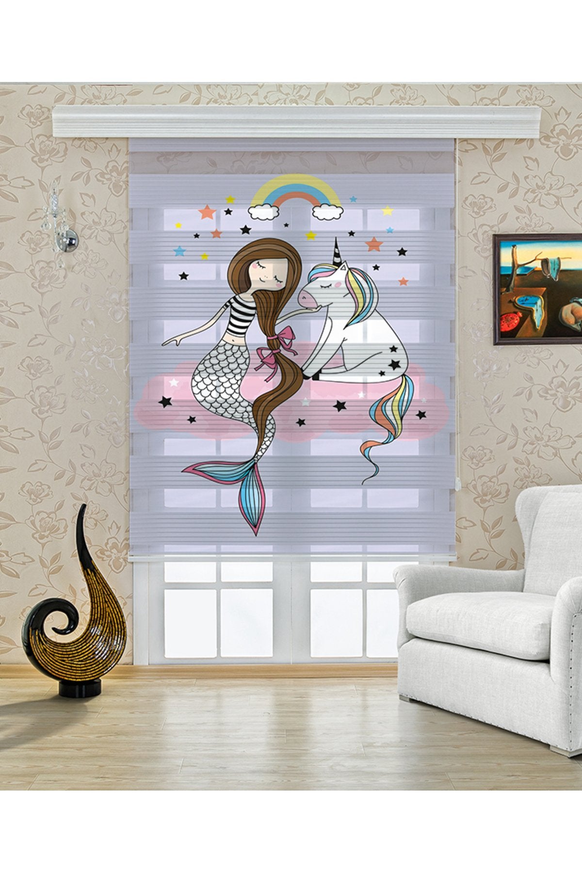 Çocuk odası Unicorn – Pastel Renkli Unicorn ve Kız Figürlü Zebra Perde – YZN-323