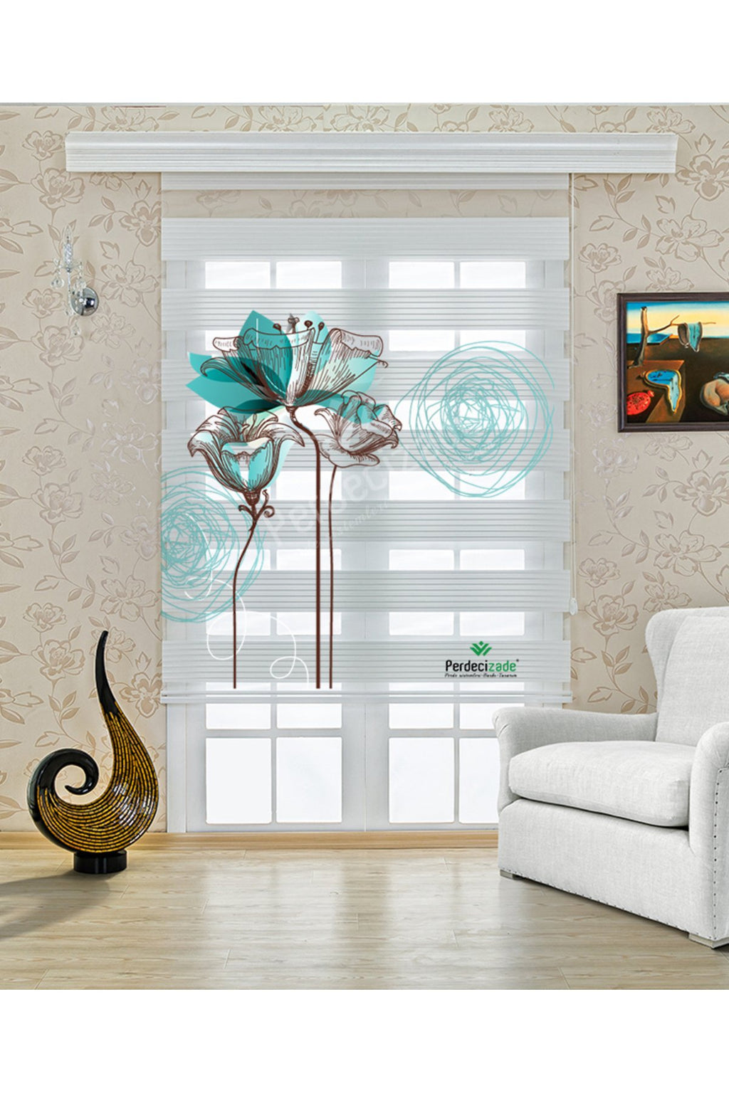 Mavi Çiçek ve Geometrik Halkalar Desenli Modern Zebra Perde – YZN-707