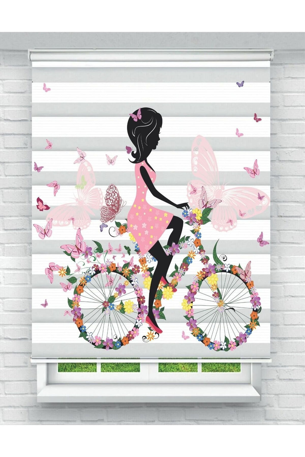 Pembe Bisikletli Kız ve Kelebek Desenli Zebra Perde - YZN-L-286