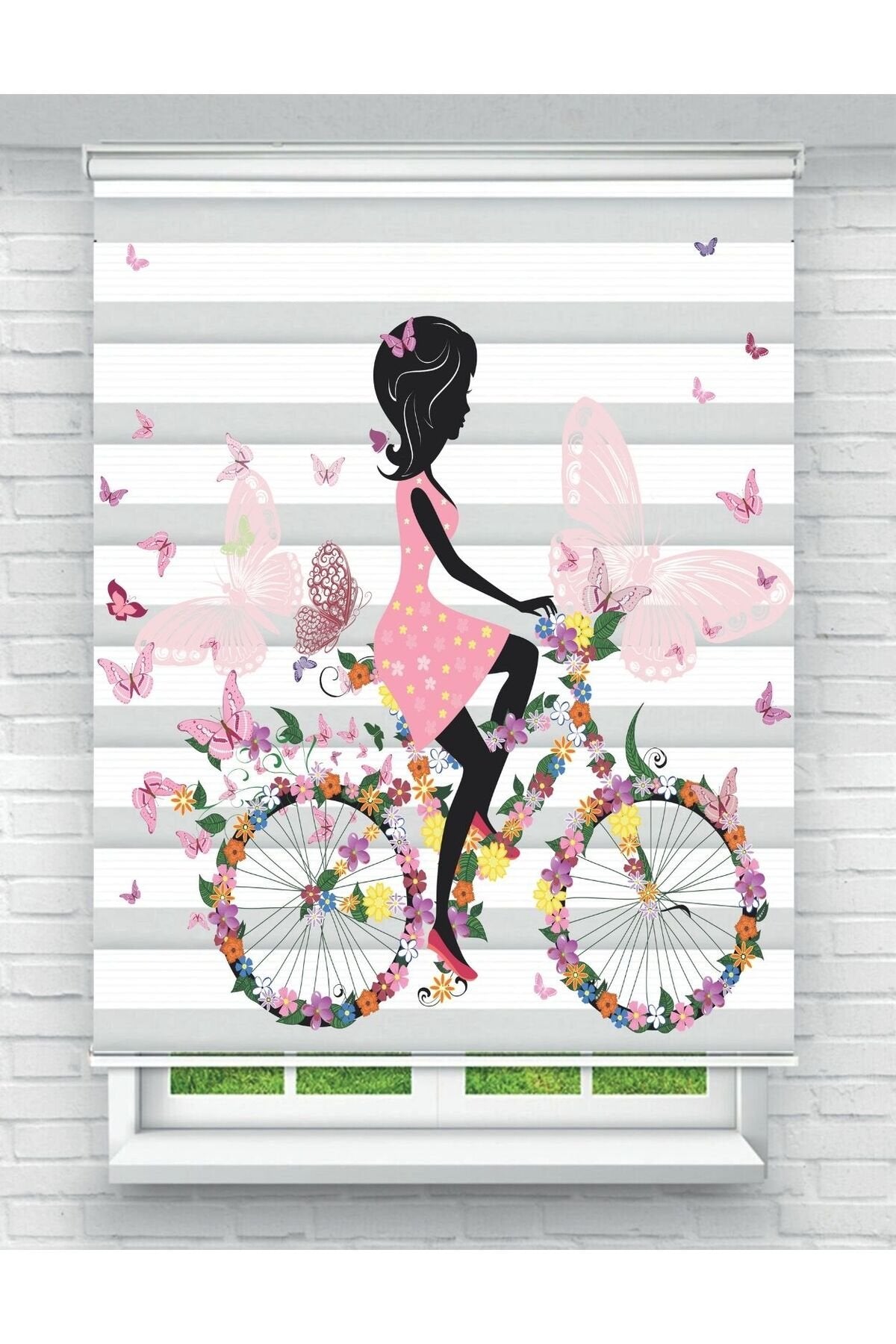 Pembe Bisikletli Kız ve Kelebek Desenli Zebra Perde - YZN-L-286