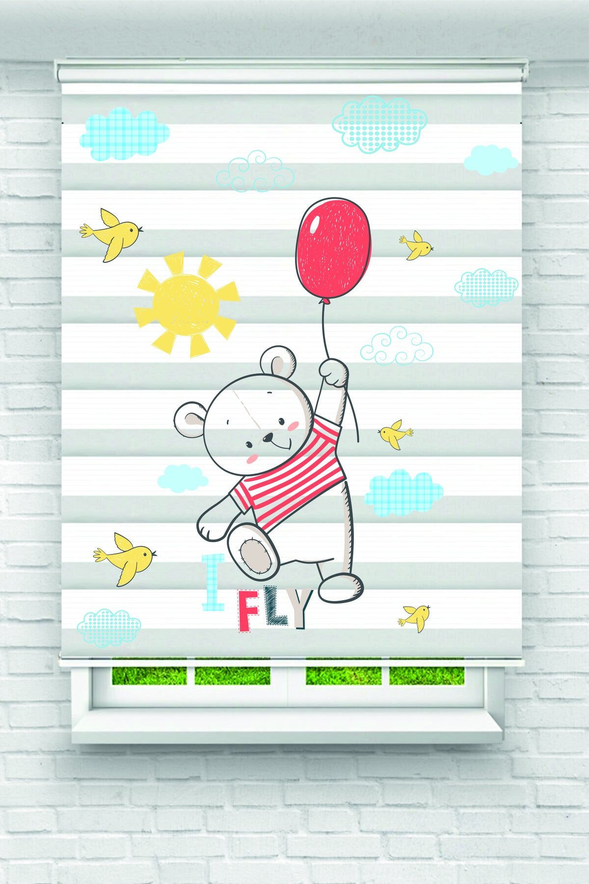 Çocuk odası- Kırmızı balonla uçan ayıcık desenli zebra perde - YZN-1165