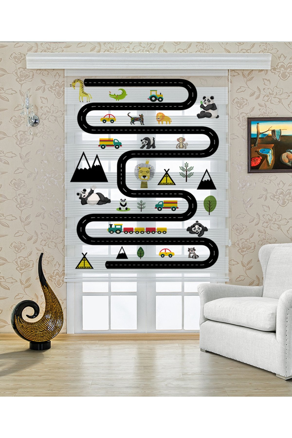 Kara Yol Haritası ve Arabalar Desenli Zebra Perde - YZN-301