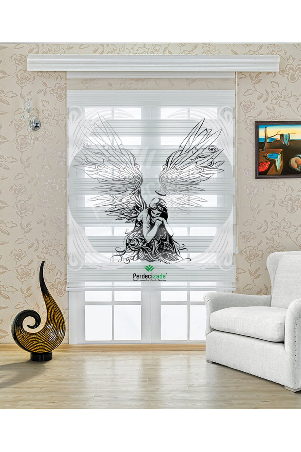 Sanatsal Melek ve Kanat Desenli Zebra Perde – YZN-729