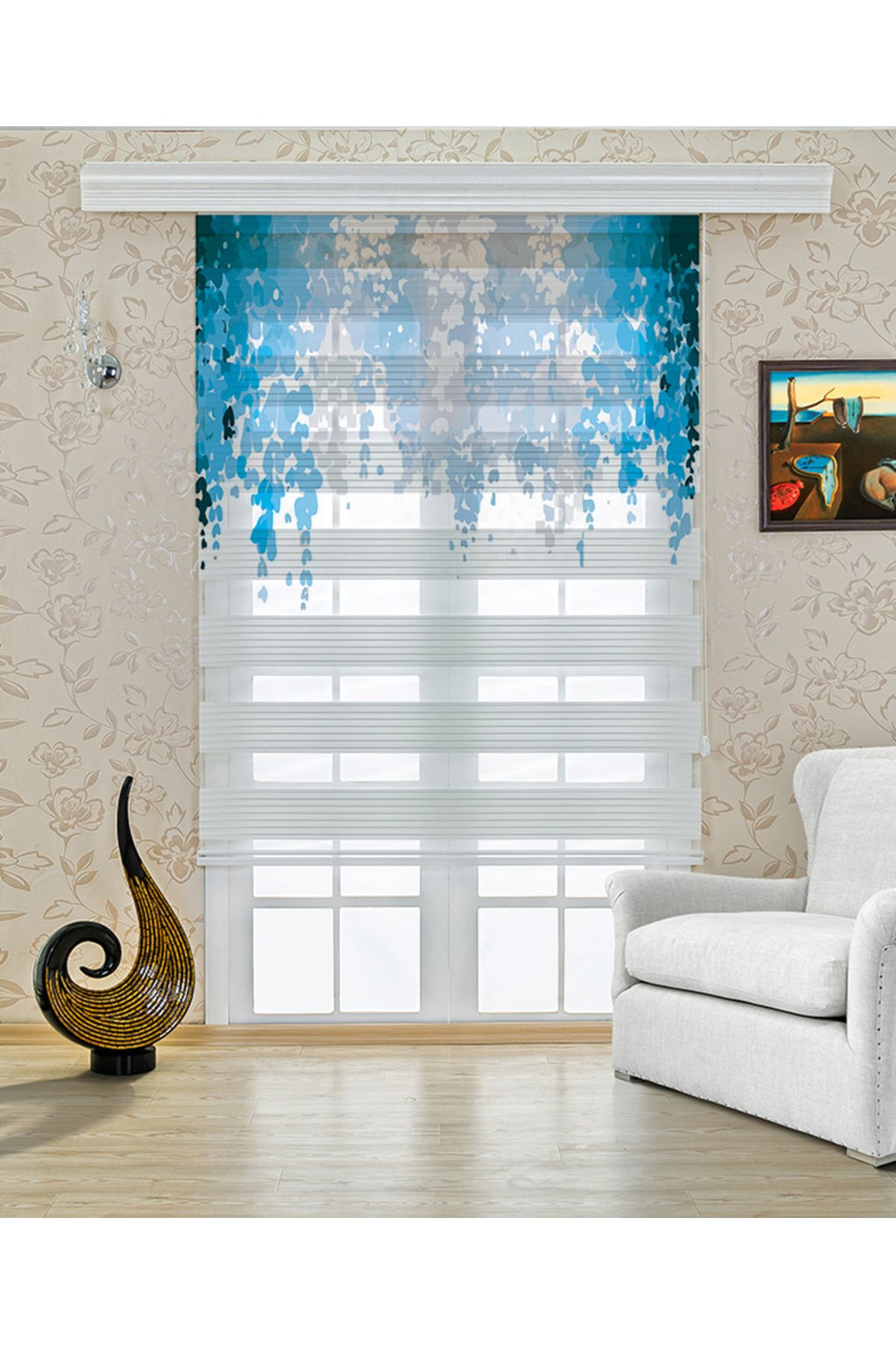 Çocuk odası - Mavi Tül Desenli Zebra Perde - YZN-461