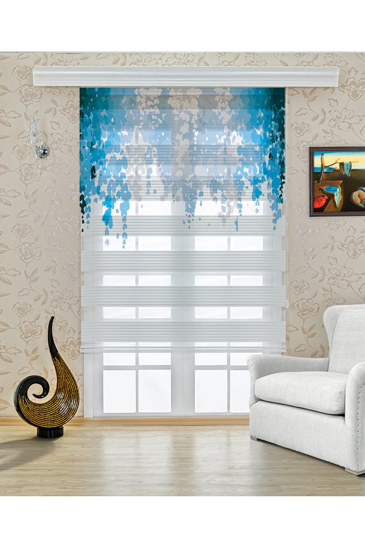Çocuk odası - Mavi Tül Desenli Zebra Perde - YZN-461