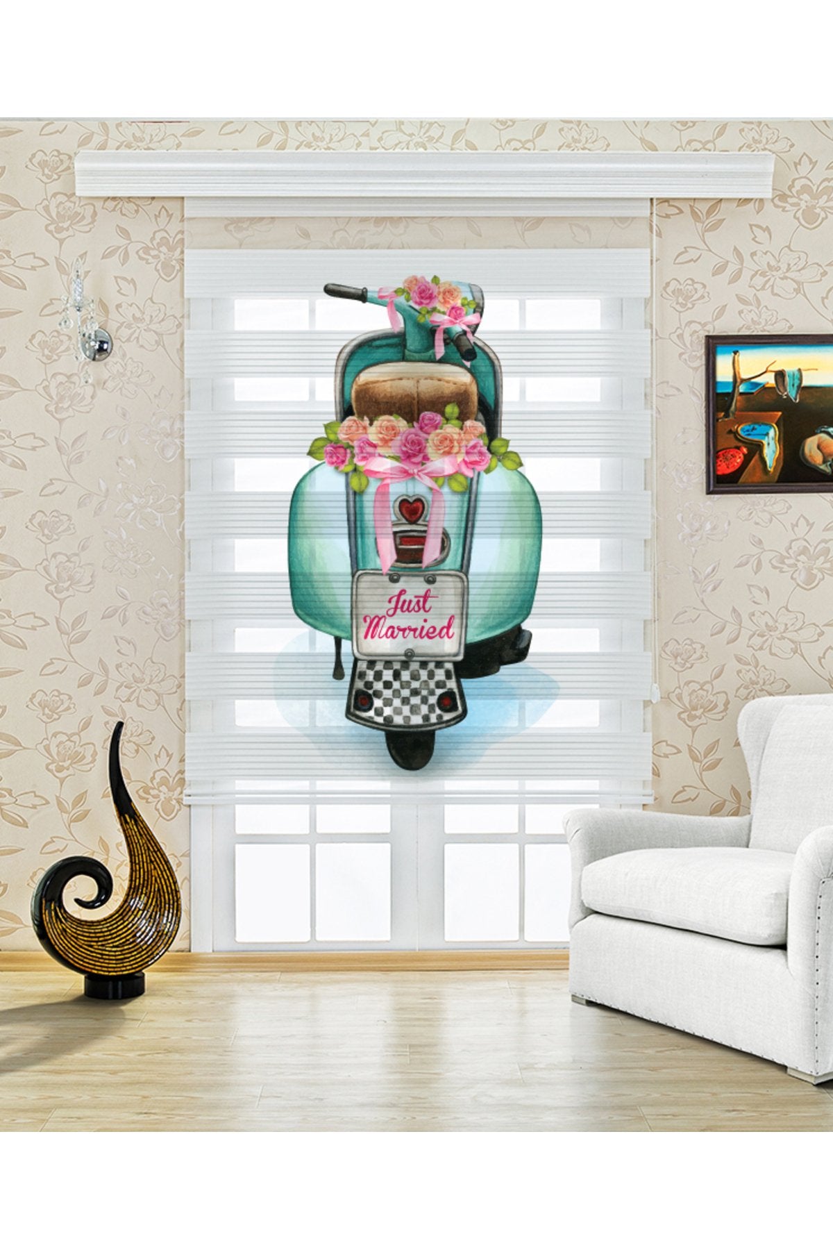 Çocuk odası Scooter Kız – Pembe Motorlu Kız Desenli Zebra Perde – YZN-349