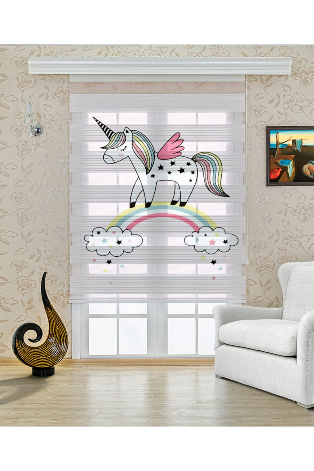 Gökkuşağı ve Bulutlar Üstünde Unicorn Desenli Zebra Perde - YZN-430