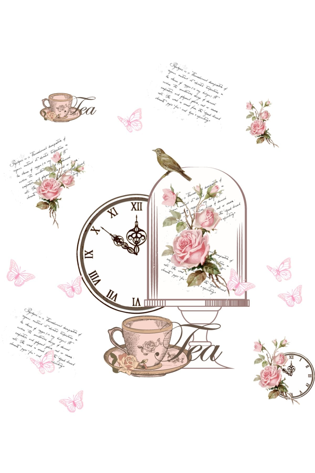 Vintage Saat ve Çay Temalı Romantik Zebra Perde – YZN-447