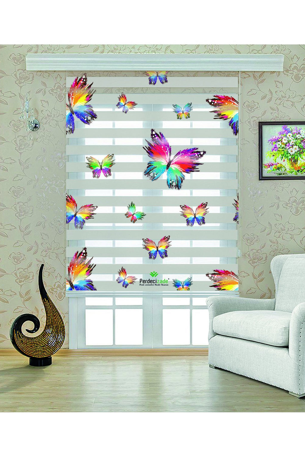 Çocuk odası - Renkli Kelebekler Zebra Perde - YZN-523