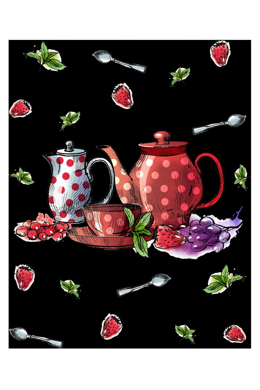 Kırmızı Puantiyeli Çay Takımı ve Çilek Desenli Retro Zebra Perde – YZN-765
