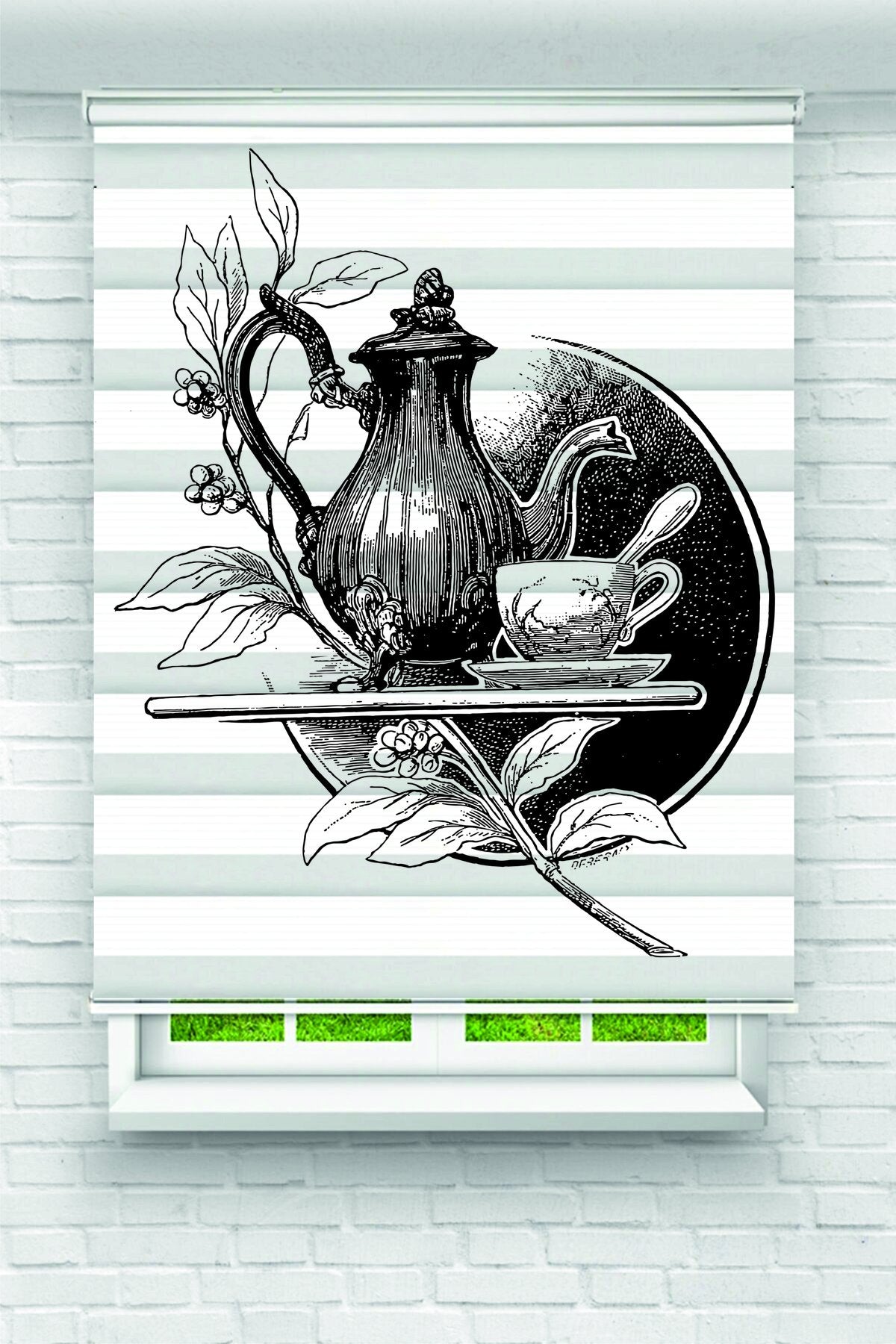 Eskiz Siyah Çaydanlık ve Fincan Desenli Zebra Perde – YZN-1015