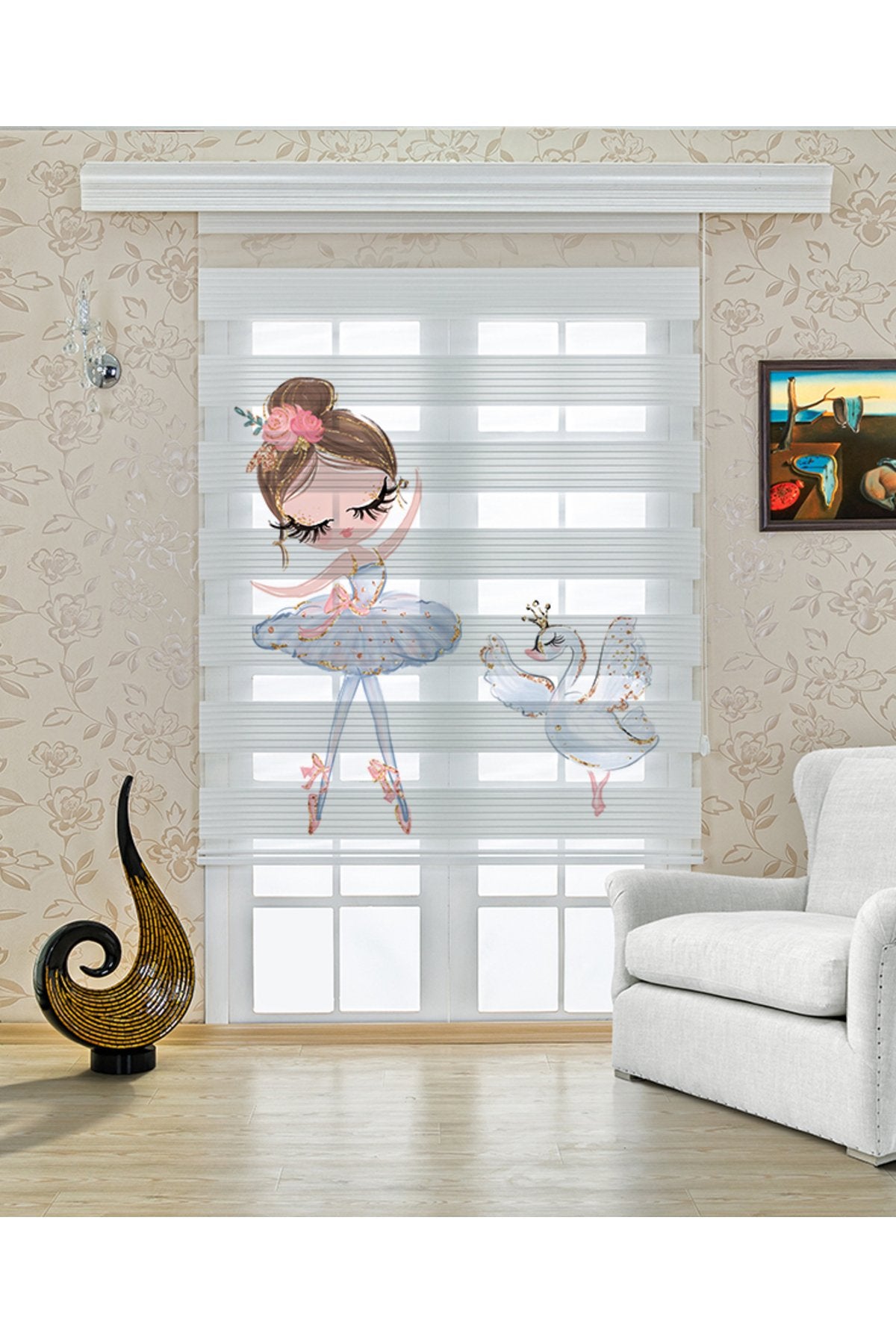 Çocuk odası- Balerin Kız ve Kuğu Figürlü Zebra Perde - YZN-468
