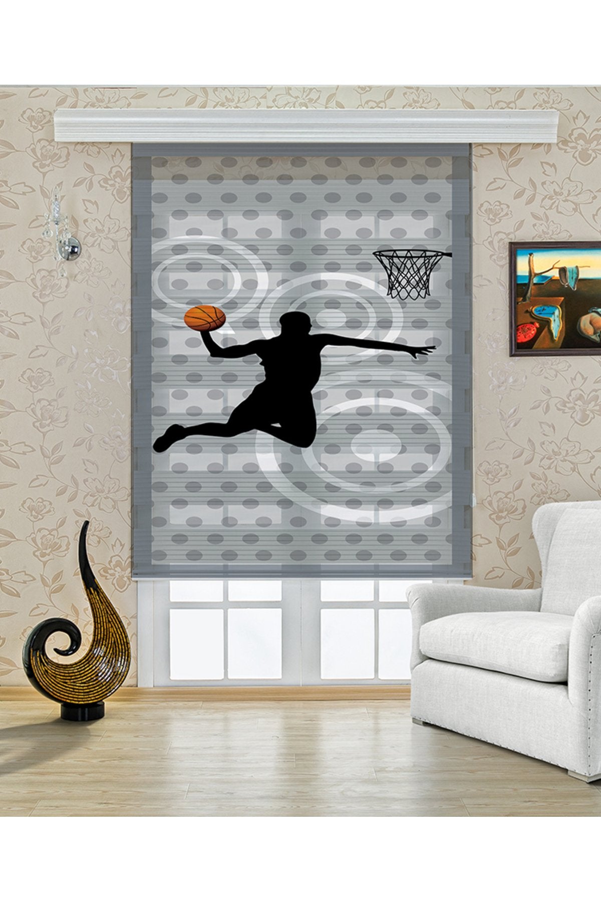 Çocuk odası- Potaya Smaç Basan Basketbolcu Silüetli Zebra Perde - YZN-337