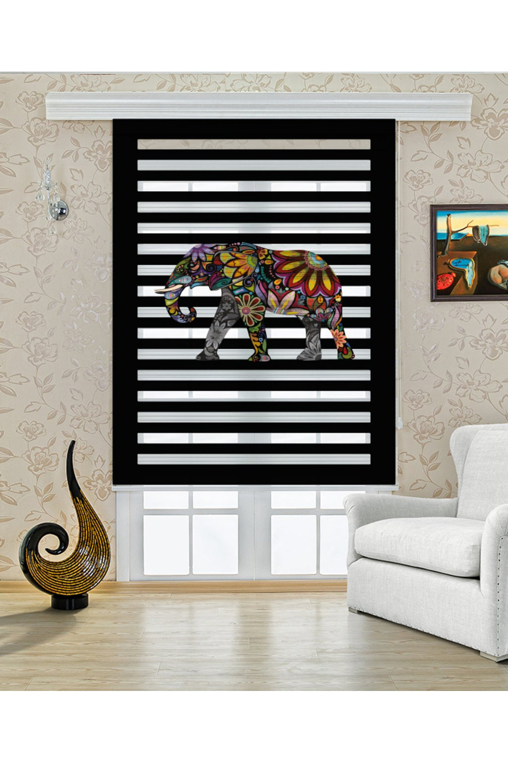 Renkli Mozaik Fil Desenli Siyah Zebra Perde – YZN-488