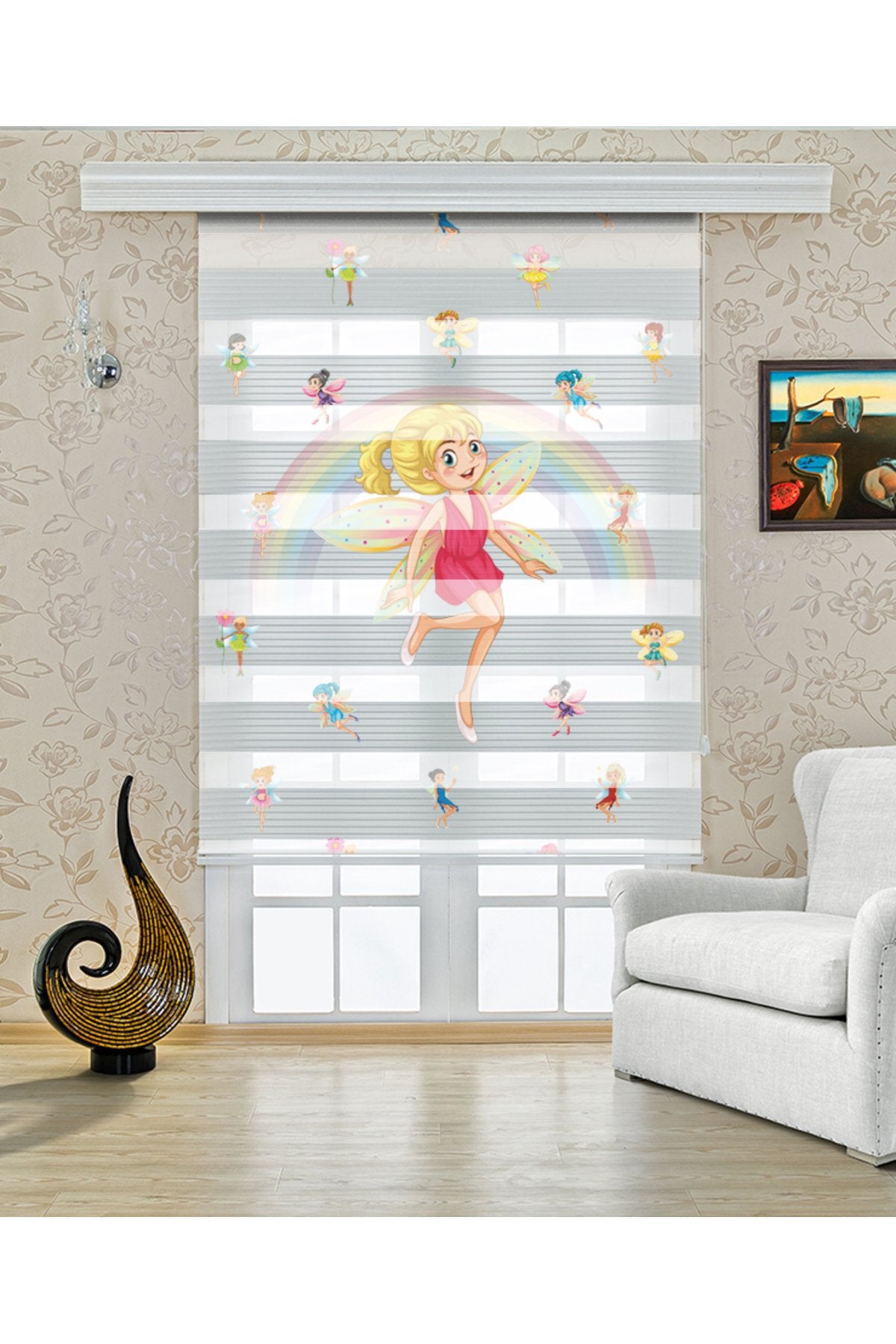 Çocuk odası - Peri Kızı ve Çiçek Desenli Zebra Perde - YZN-753