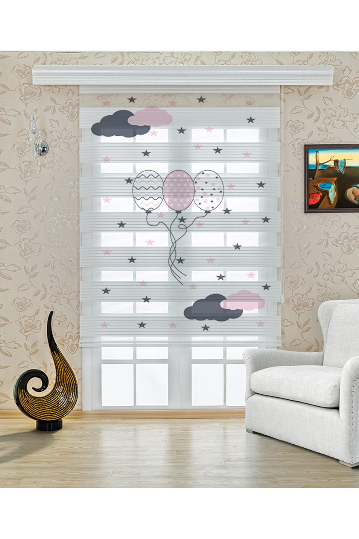 Çocuk odası – Pembe Bulut ve Çiçek Desenli Zebra Perde – YZN-235