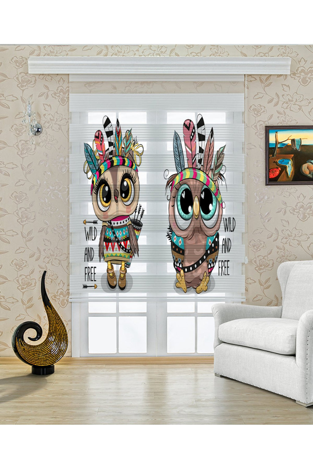 Çocuk odası - Çift Baykuş Desenli Zebra Perde - YZN-450