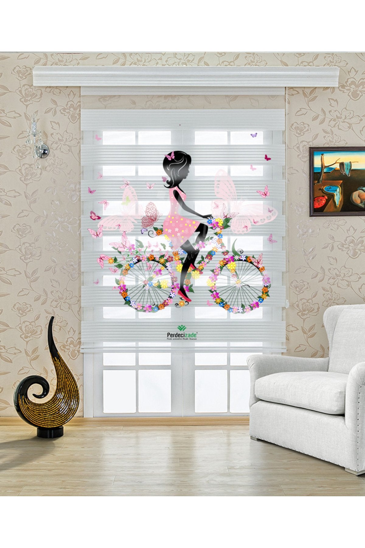 Çocuk odası - Bisikletli Kız ve Kelebekler Zebra Perde - YZN-701