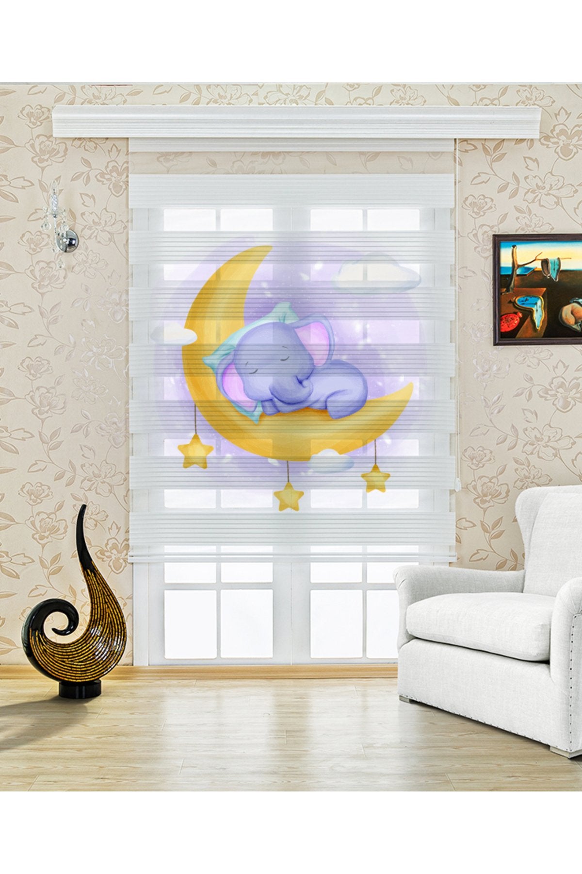 Çocuk odası Ayıcık – Hilal Üzerinde Uyuyan Ayıcık Zebra Perde – YZN-355
