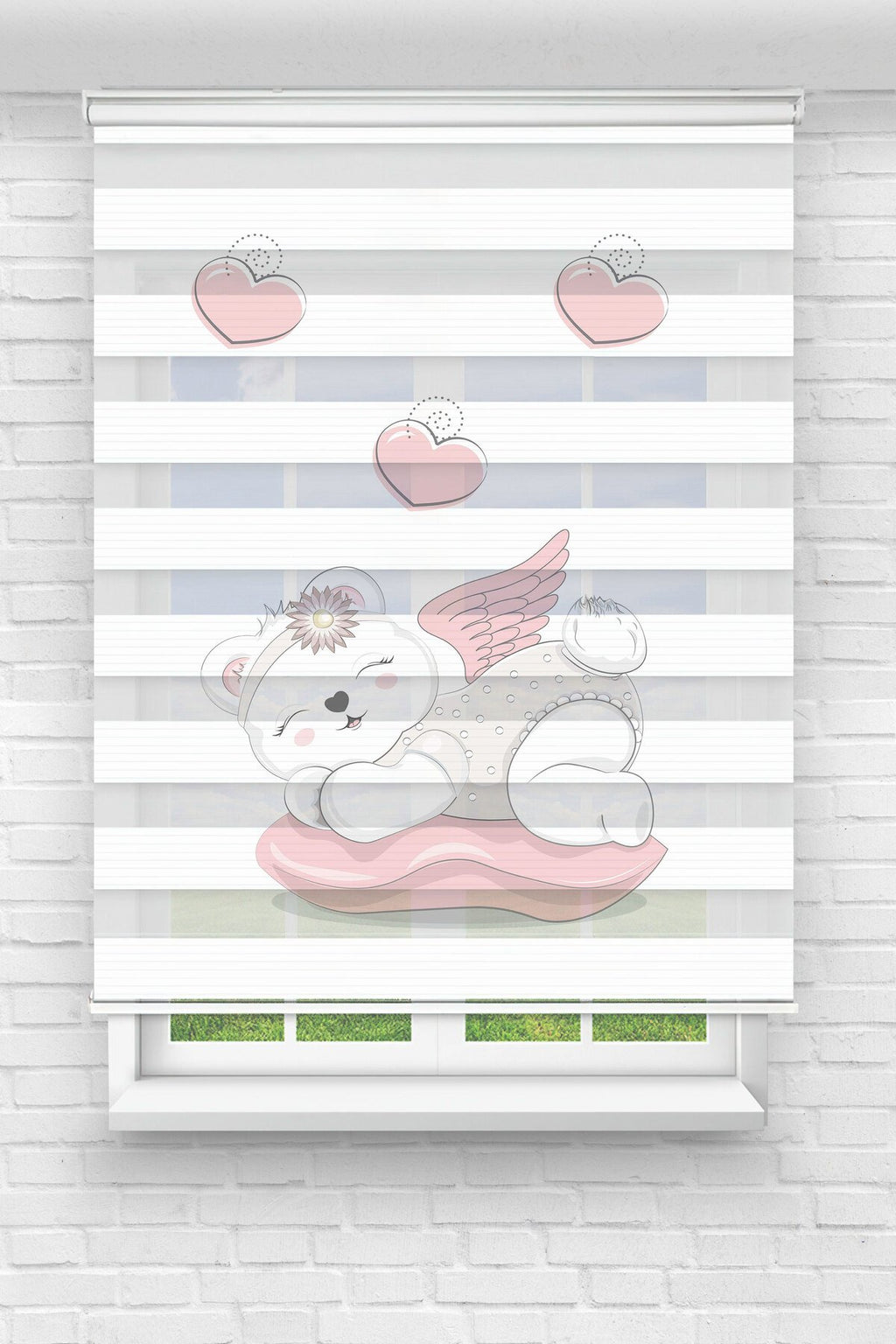 Çocuk odası – Pembe Tavşan ve Balon Desenli Zebra Perde – YZN-210
