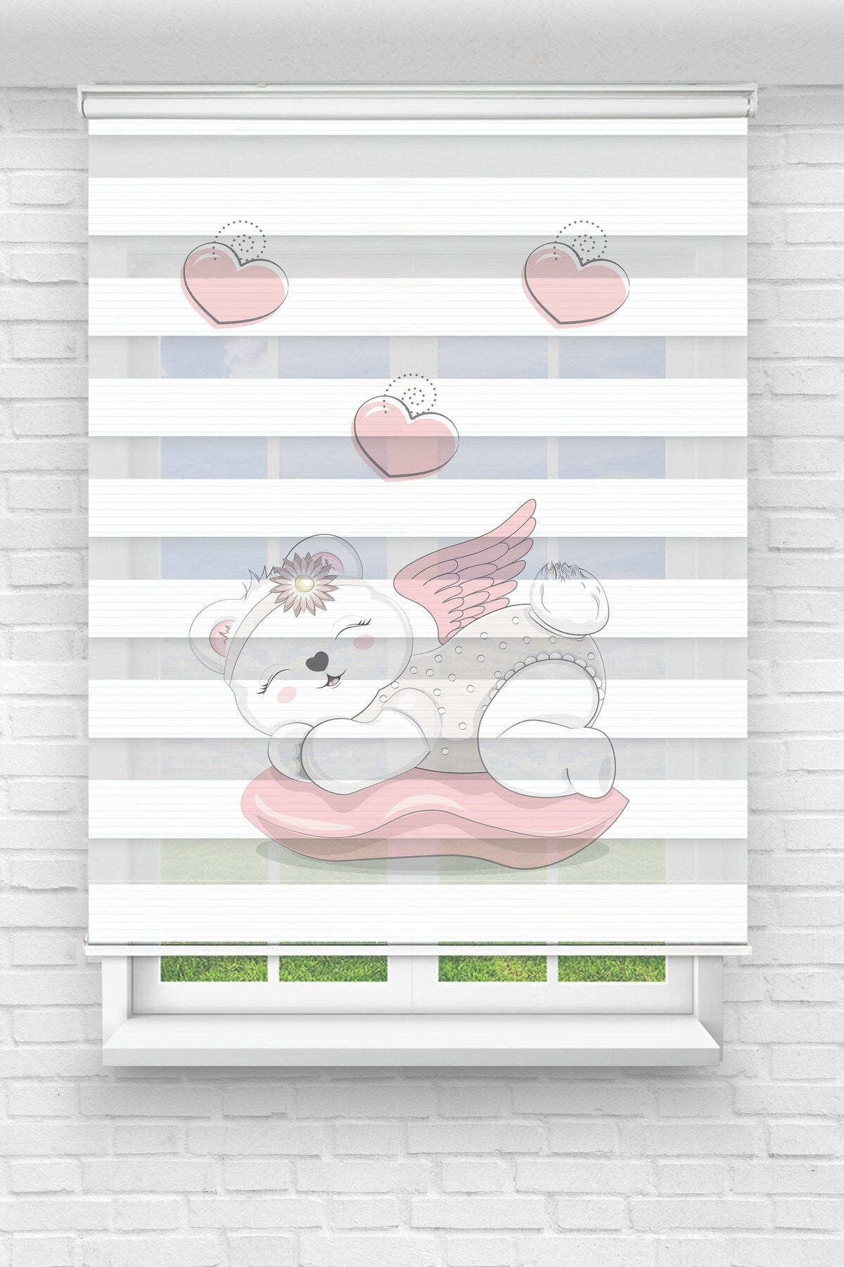 Çocuk odası – Pembe Tavşan ve Balon Desenli Zebra Perde – YZN-210
