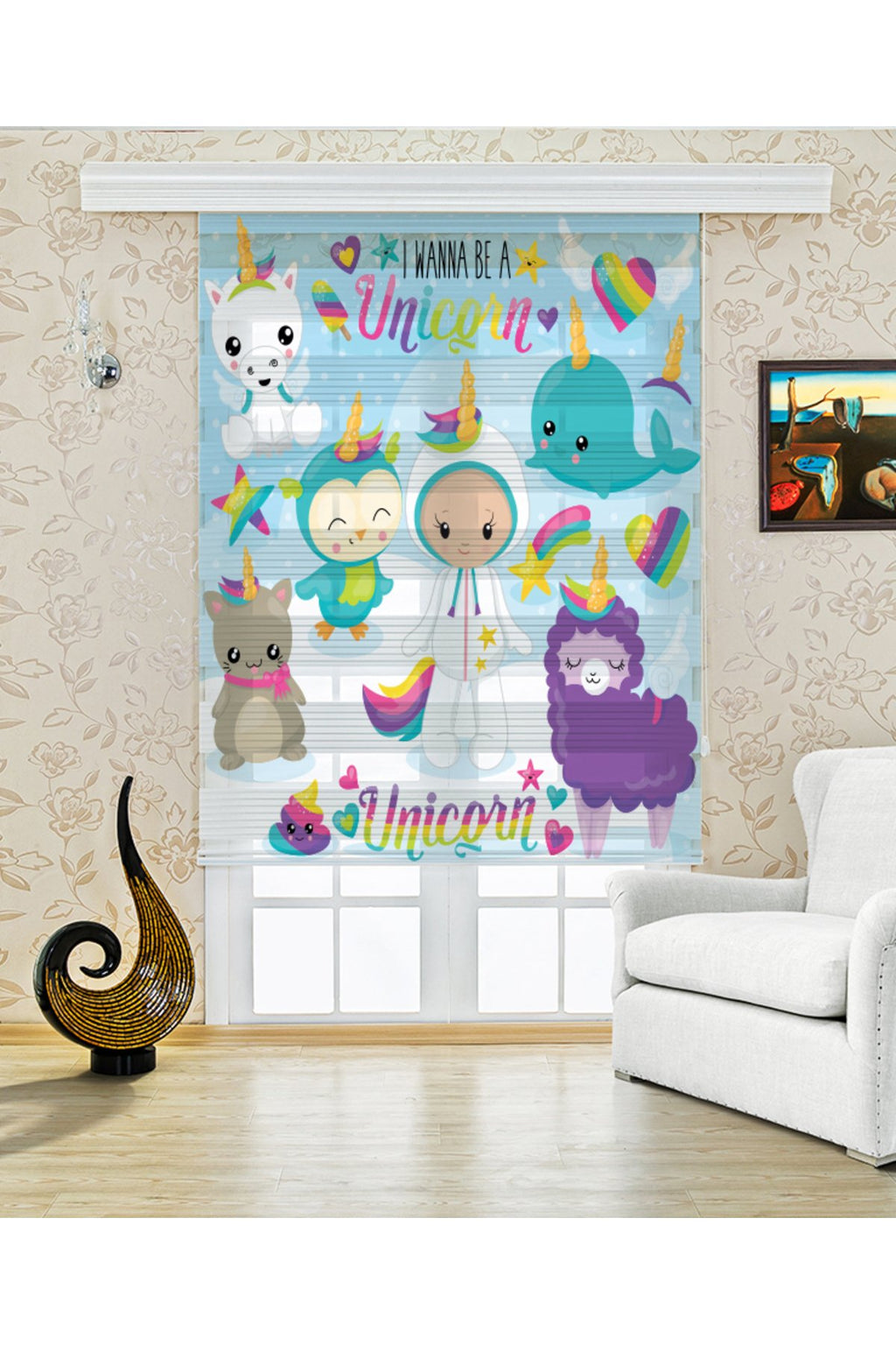 Çocuk odası Unicorn – Renkli Unicorn ve Hayvan Figürlü Zebra Perde – YZN-351