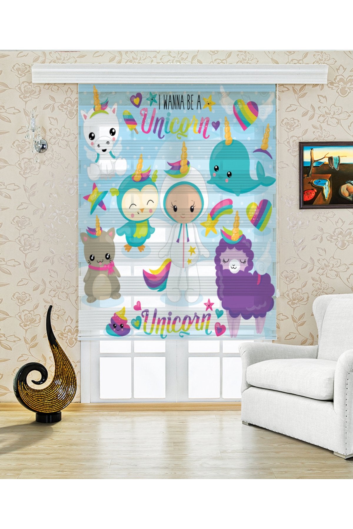 Çocuk odası Unicorn – Renkli Unicorn ve Hayvan Figürlü Zebra Perde – YZN-351