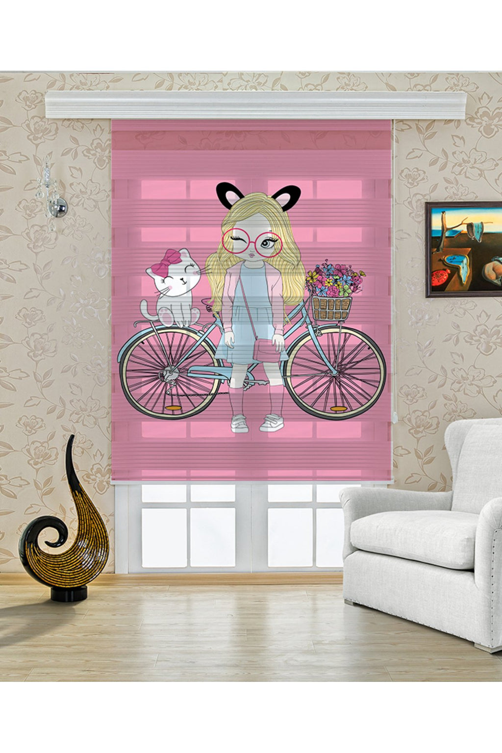 Pembe Bisikletli Kız ve Beyaz Kedi Desenli Zebra Perde – YZN-325