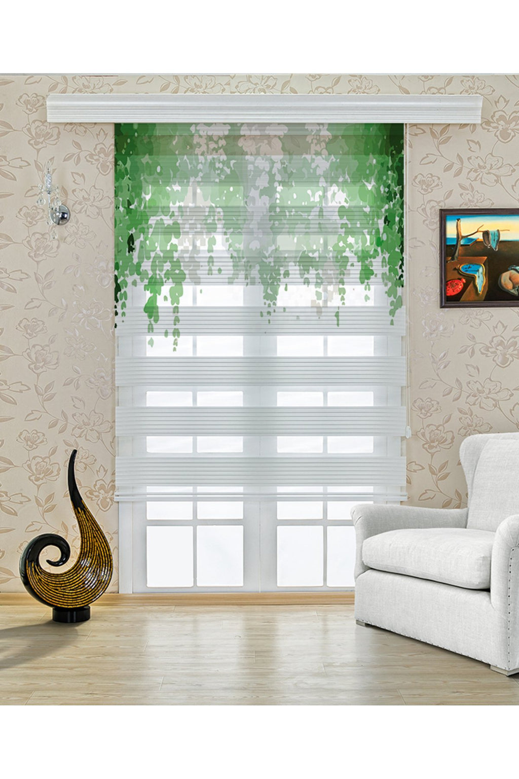 Çocuk odası - Yeşil Tül Desenli Zebra Perde - YZN-462