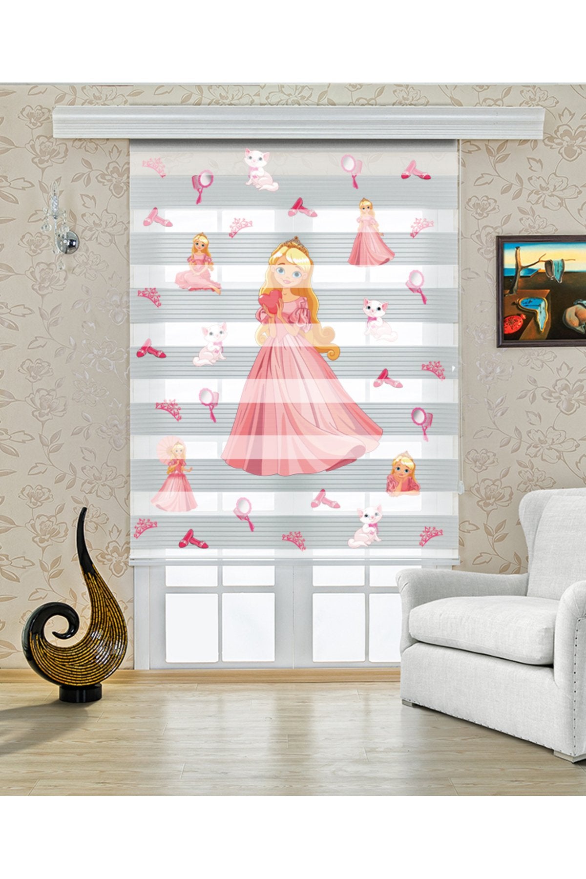 Çocuk odası - Pembe Elbiseli Prenses Desenli Zebra Perde - YZN-752