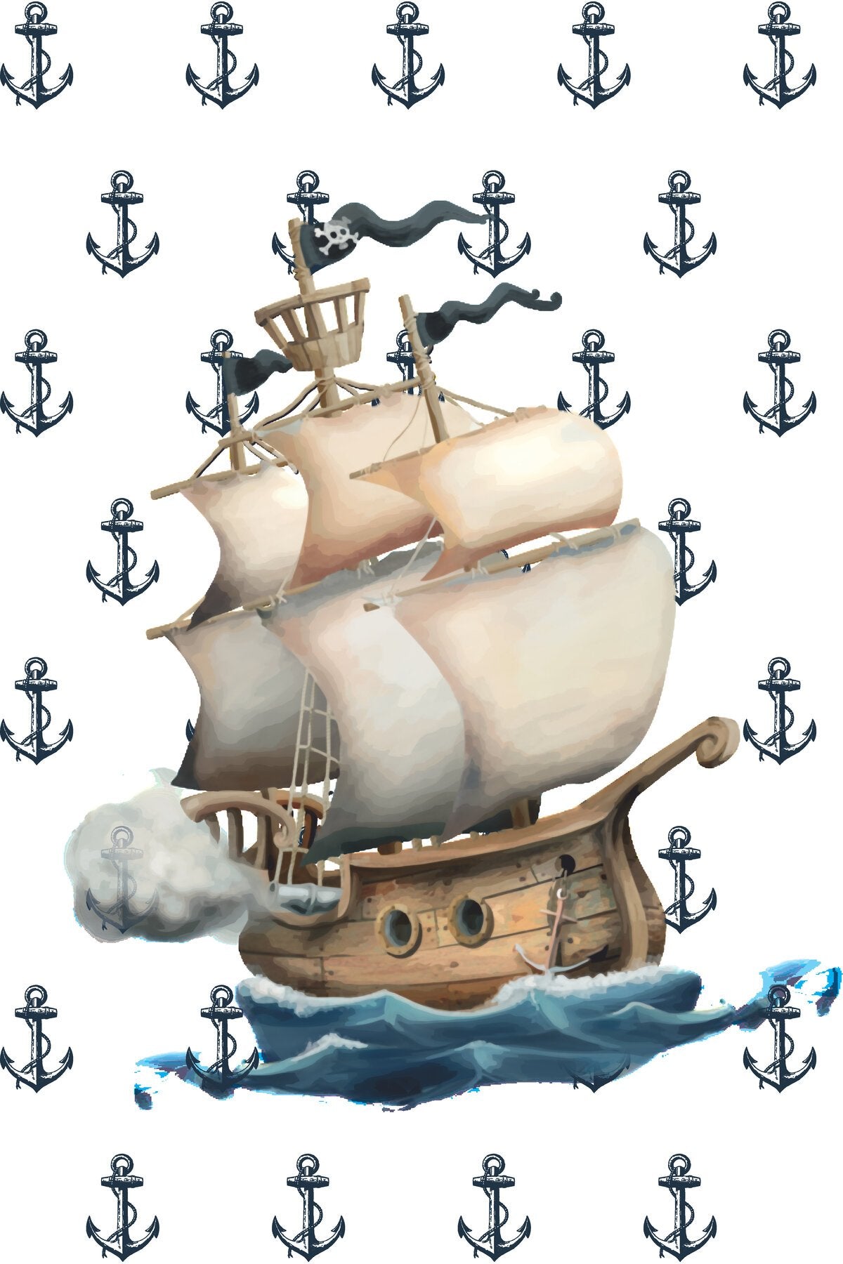 Yelkenli Gemi ve Çapa Desenli Nautical Zebra Perde – gemi