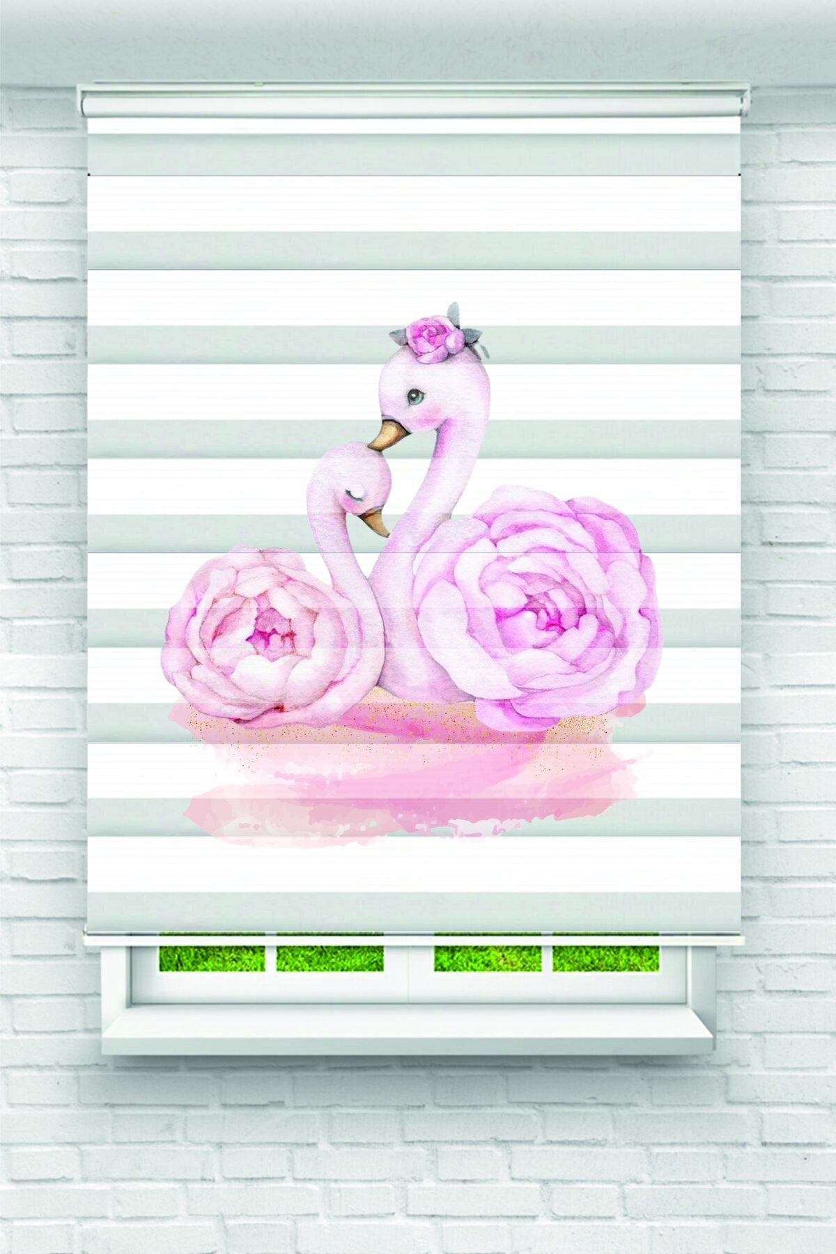 Pembe Gül Üzerinde Oturan Unicorn Desenli Zebra Perde - YZN-1143