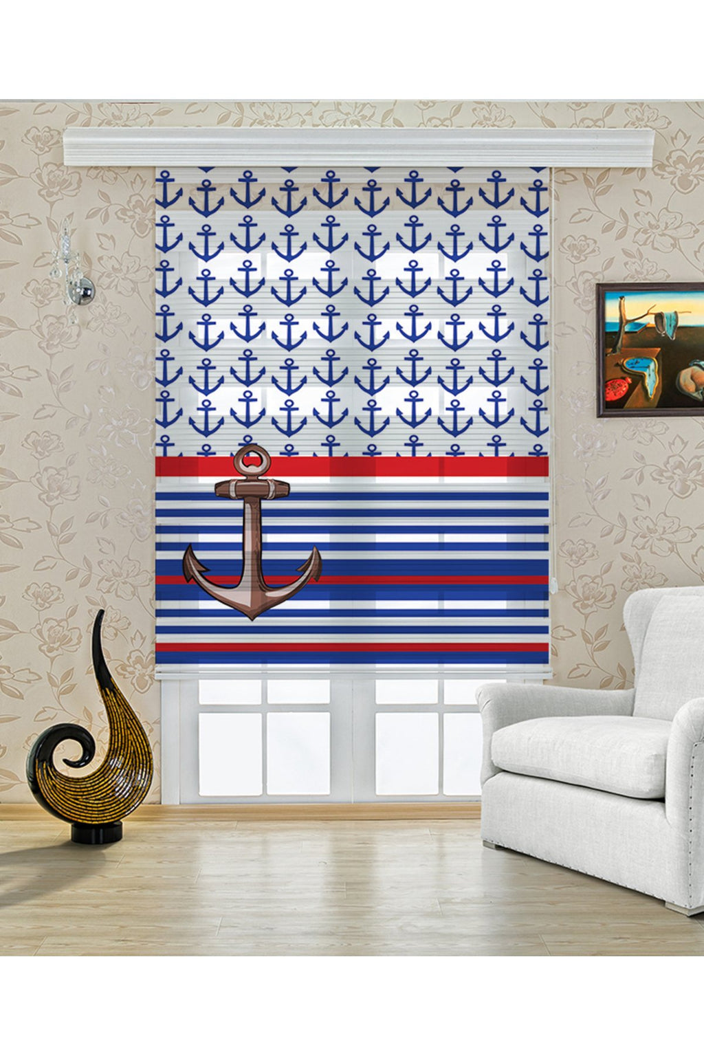 Çocuk odası- Çapa ve Denizci Çizgileri Desenli Zebra Perde - YZN-334