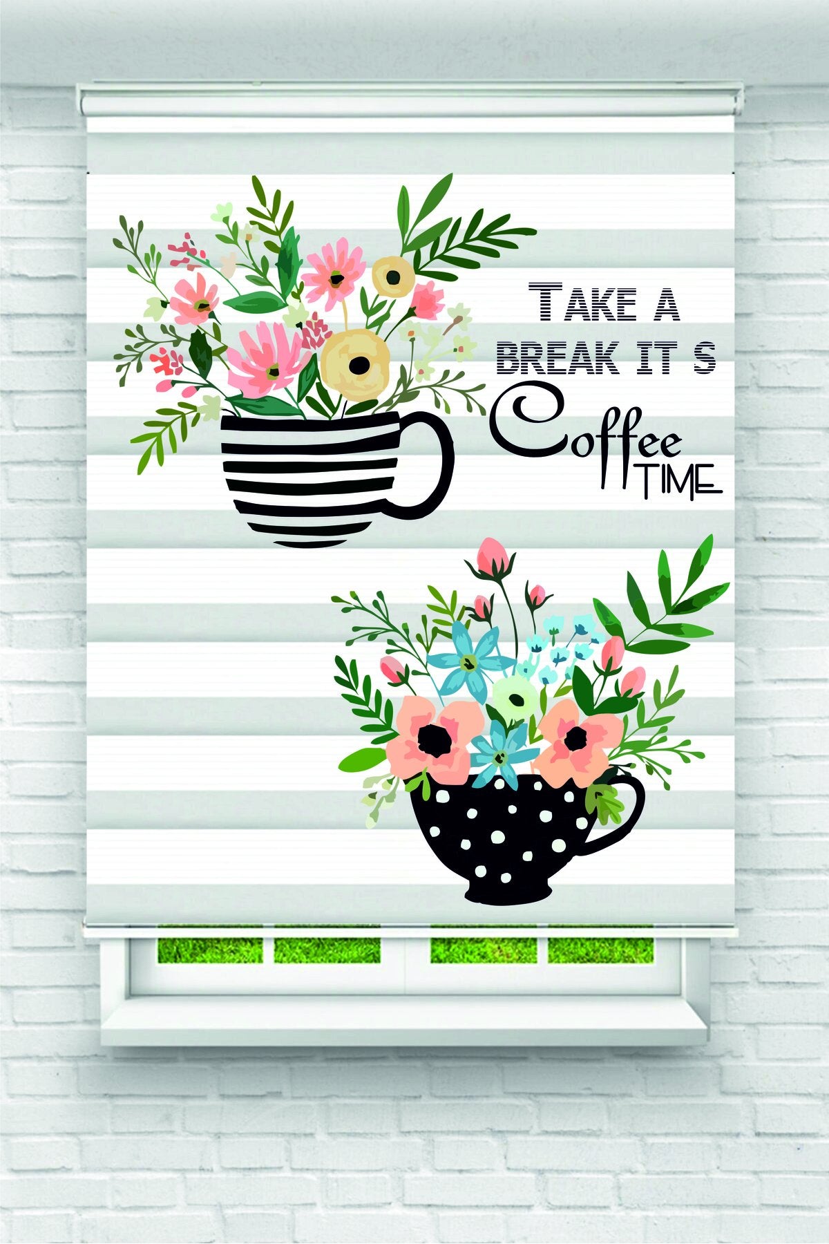 “Take a Break It’s Coffee Time” Yazılı Çiçekli Fincan Zebra Perde – YZN-1029