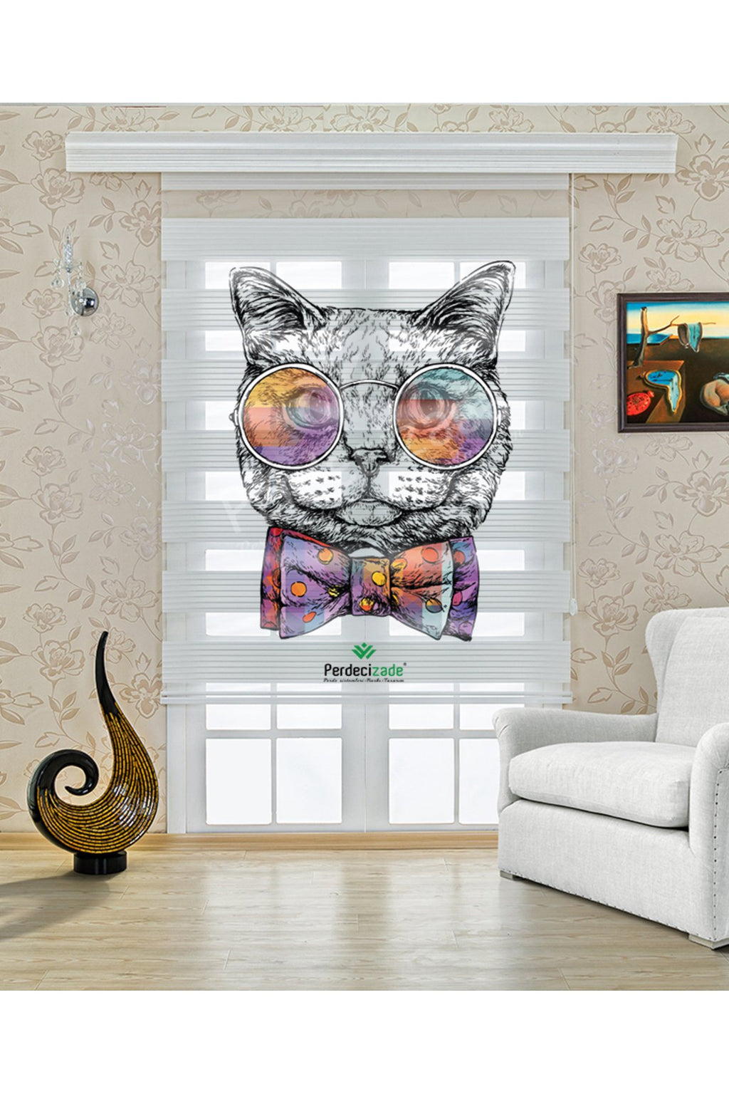 Gözlüklü Sevimli Kedi Desenli Zebra Perde – YZN-715