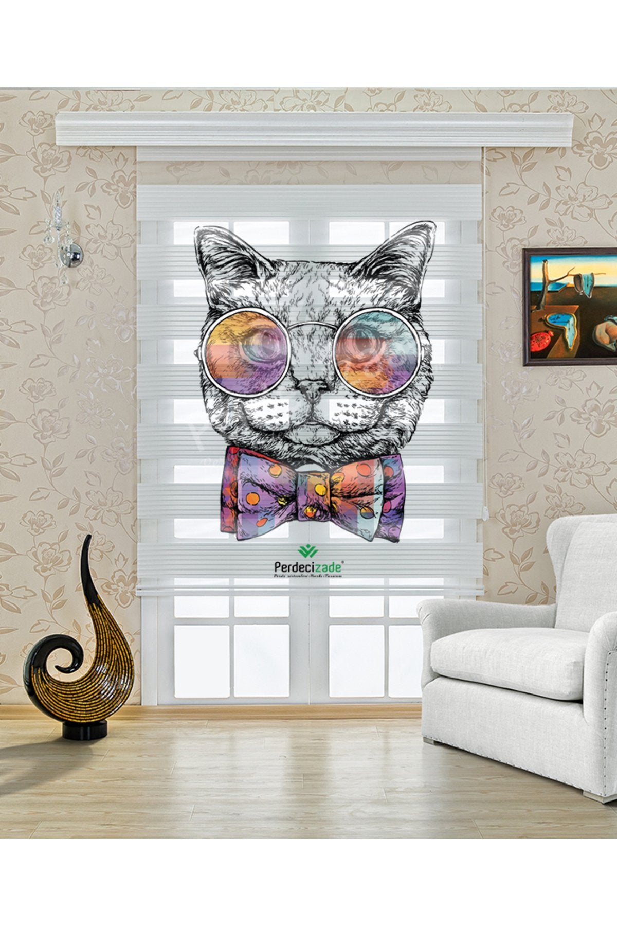 Gözlüklü Sevimli Kedi Desenli Zebra Perde – YZN-715