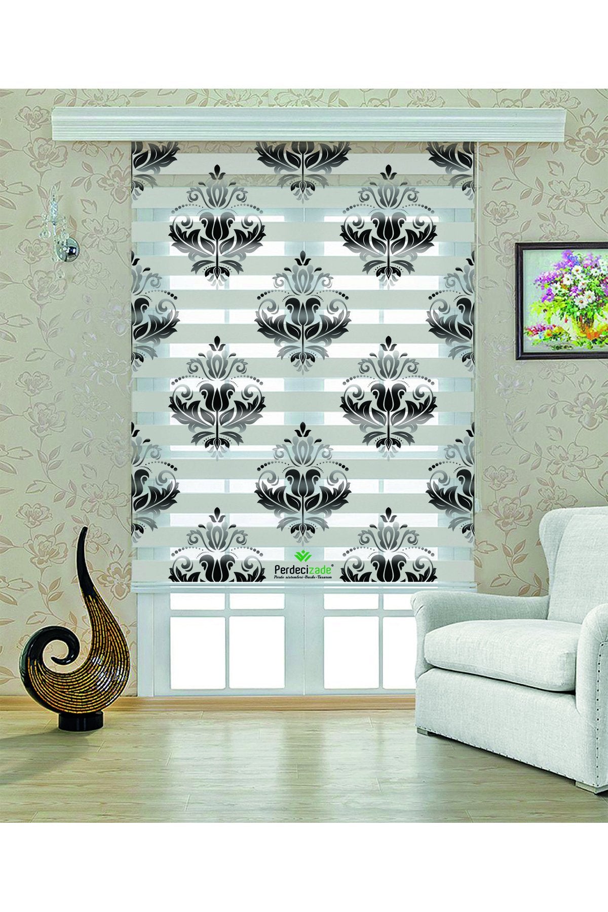 Çocuk odası- Siyah Gri Klasik Damask Desenli Zebra Perde - YZN-549